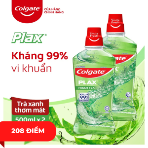 Bộ 2 chai nước súc miệng Colgate kháng 99% vi khuẩn Plax trà xanh chai 500ml